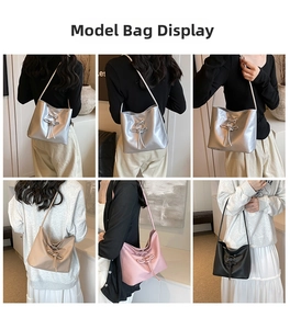 Collage of soft PU drawstring bucket bags with bow detail in silver, beige, pink and black