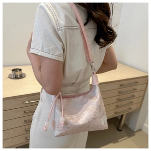 Vue arrière d'un mannequin portant un sac dumpling rose brodé de style chinois