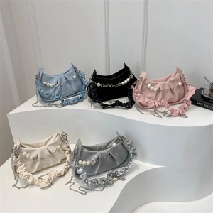Ruched Pleated Crossbody Bag Women PU Leather Artificial Pearl Flower Chain Shoulder Bag Minimalist Solid Color Cloud Handbag