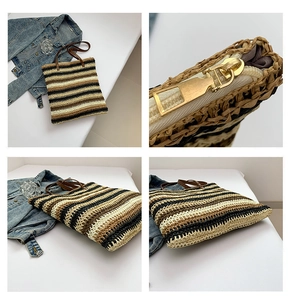 Dettaglio della borsa tote in paglia intrecciata a righe colorate con cerniera in metallo