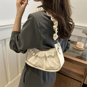 French style creamy white pleated crossbody bag with pearl floral chain and ruffled strap