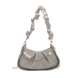 Silver crescent shoulder bag with pleated handle and pearl floral chain decoration