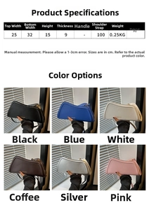 Detailed size chart and multi-color options for geometric PU leather shoulder bag