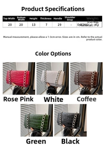 Detailed size chart and specifications for the stone-patterned PU leather crossbody bag