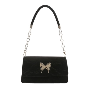 Chic black pleated satin underarm bag with silver butterfly charm and chain strap