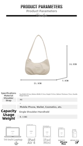 Size chart showing 21.5cm width of cream PU leather crescent bag with pleated detail