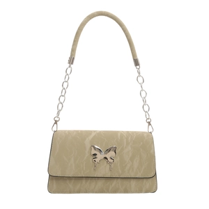 Apricot pleated leather shoulder bag with silver butterfly buckle and chain strap