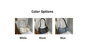 Detailed comparison of pleated crescent underarm bags in white, black, and blue colors