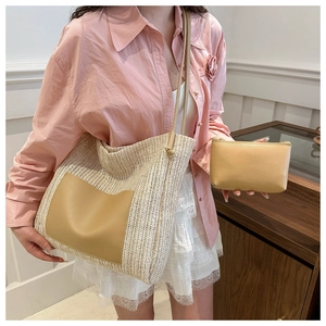 Woven straw tote bag set with leather pocket and matching pouch for women
