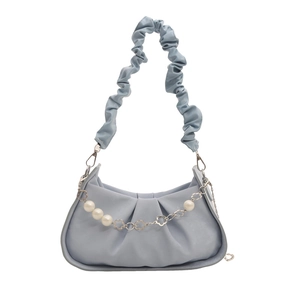 Fashionable light blue ruched handbag with pearl chain decoration and pleated strap
