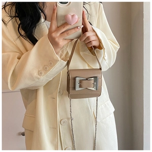 Close-up of mini hand-held crossbody bag with silver buckle and metallic chain strap