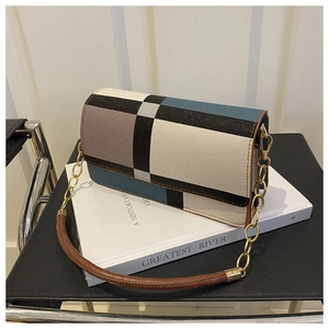 Detail shot of a contrast color crossbody bag with gold chain and leather strap