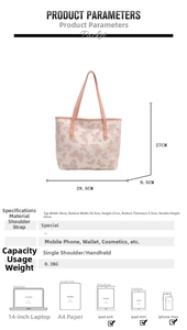 Detailed size guide for beige tote bag with pink butterfly and 28.5cm width display