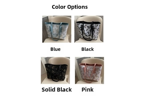 Four color options of butterfly print tote bags including blue black and pink variants
