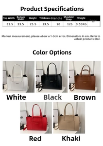 Size chart showing dimensions for checkered tote bag with 5 color options in PU leather
