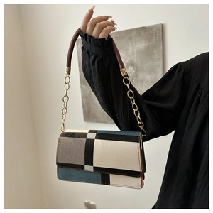 Detail of color-block shoulder bag featuring gold chain and brown leather handle