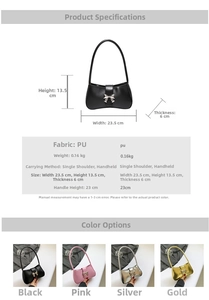 Technisches Diagramm mit Abmessungen und Farboptionen der Schleifen-Baguette-Tasche