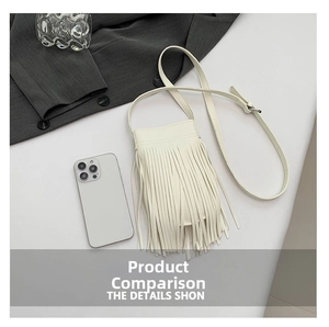 Detailed view of the creamy white crossbody phone bag with fringe texture and slim strap