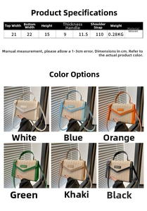 Detailed size chart for woven handbag showing dimensions and multi-color options