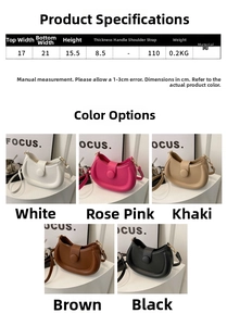 Detailed size specifications and five color options for the half-moon PU leather crossbody bag