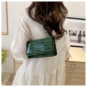 Detail of dark green crocodile pattern crossbody bag with chunky silver chain strap