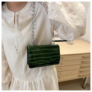 Detail of dark green crocodile texture small square bag with silver metal chain strap