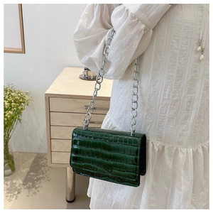 Detail of dark green crocodile texture crossbody bag with silver metal chain strap