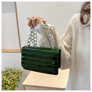 Detail of dark green crocodile texture small square bag with bold silver metal chain