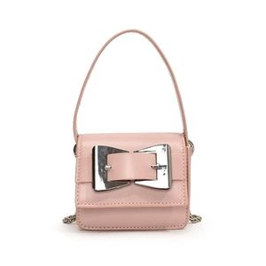 Pink mini square handbag with silver buckle and chain strap on a white background