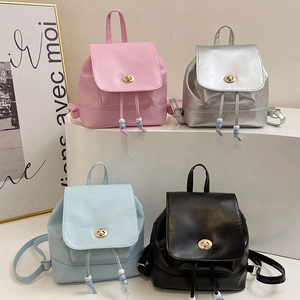 Mini Backpack Women PU Leather Chic Korean Style Turn Lock Drawstring With Colorful Beads Versatile Shoulder Bag