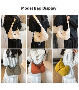 Six different colors of large capacity canvas crossbody bags shown on models