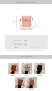 Detail showing PU leather crossbody bags with dimensions and five color options