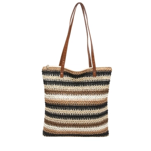 Bohemian striped woven straw tote bag with brown leather straps and top zipper closure