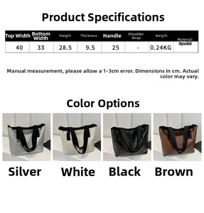 Size chart and dimensions for the minimalist textured tote bag in four colors