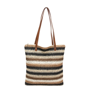 Borsa tote intrecciata arcobaleno con strisce colorate e manici in pelle marrone