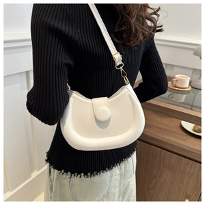 Minimalist white crescent saddle bag for women with smooth leather and gold hardware