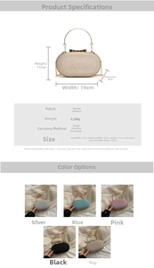 Detail view of oval evening clutch with metal ring handle and bow clasp in multiple colors