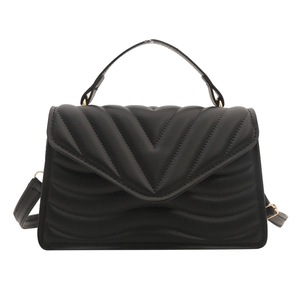 Black quilted crossbody bag with gold chain and V-pattern faux leather stitching