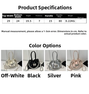 Detailed size chart and multi-color specifications for the pearl handle bucket bag