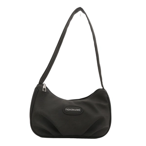 Minimalist black pleated shoulder bag for women with fashion logo in elegant nylon finish