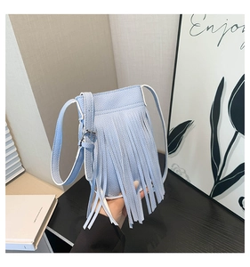 Light blue crossbody phone bag with long tassels and lychee texture in a handheld shot