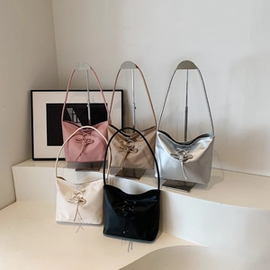 Minimalist Women PU Leather Shoulder Underarm Bag With Bow Lace Up Decoration Sweet Style Bucket Bag For Daily Commute