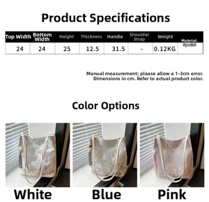 Size chart showing large capacity floral tote bag dimensions with weight and material specs
