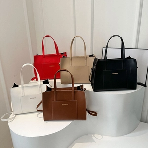 Women Large Capacity PU Leather Tote Bag With Top Handle And External Pocket Solid Color Shoulder Handbag