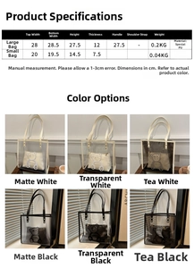 Detailed size chart and dimensions for the transparent 2-in-1 tote bag and inner pouch