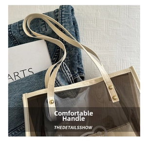Detail of transparent PVC tote bag with cream leather trim and gold rivet hardware