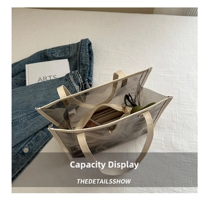 Detail of transparent PVC tote bag with leather inner pouch and large storage capacity