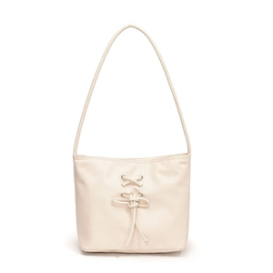 Sac seau d'épaule minimaliste blanc crème avec décoration de lacets et nœud papillon