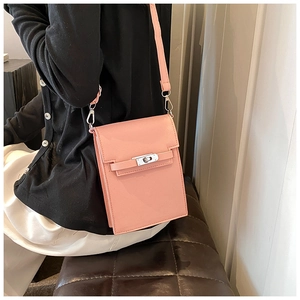 Detail of pink leather mini crossbody bag featuring metallic turn-lock and strap