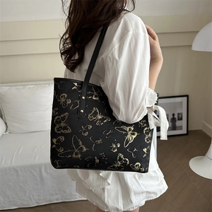 New Chinese-style black tote bag with gold butterfly embroidery and large capacity